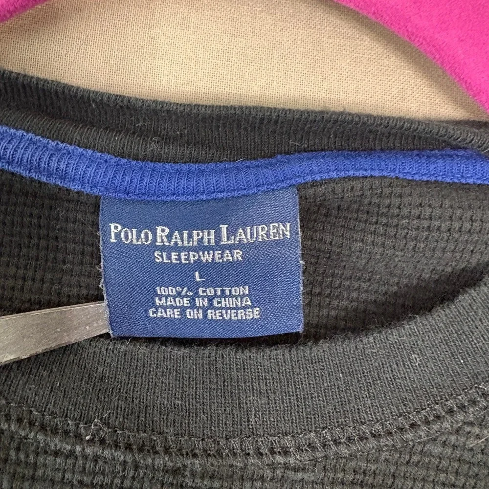 Polo Ralph Lauren Shirt Men L Black Sleepwear Thermal Waffle Knit Blue Pony Logo
